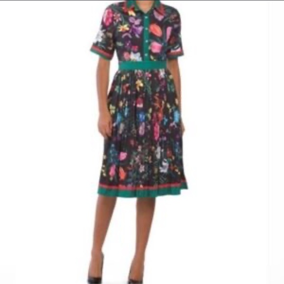 Dalia Macphee Dresses & Skirts - Black Floral Midi Shirt Dress with Green Trim